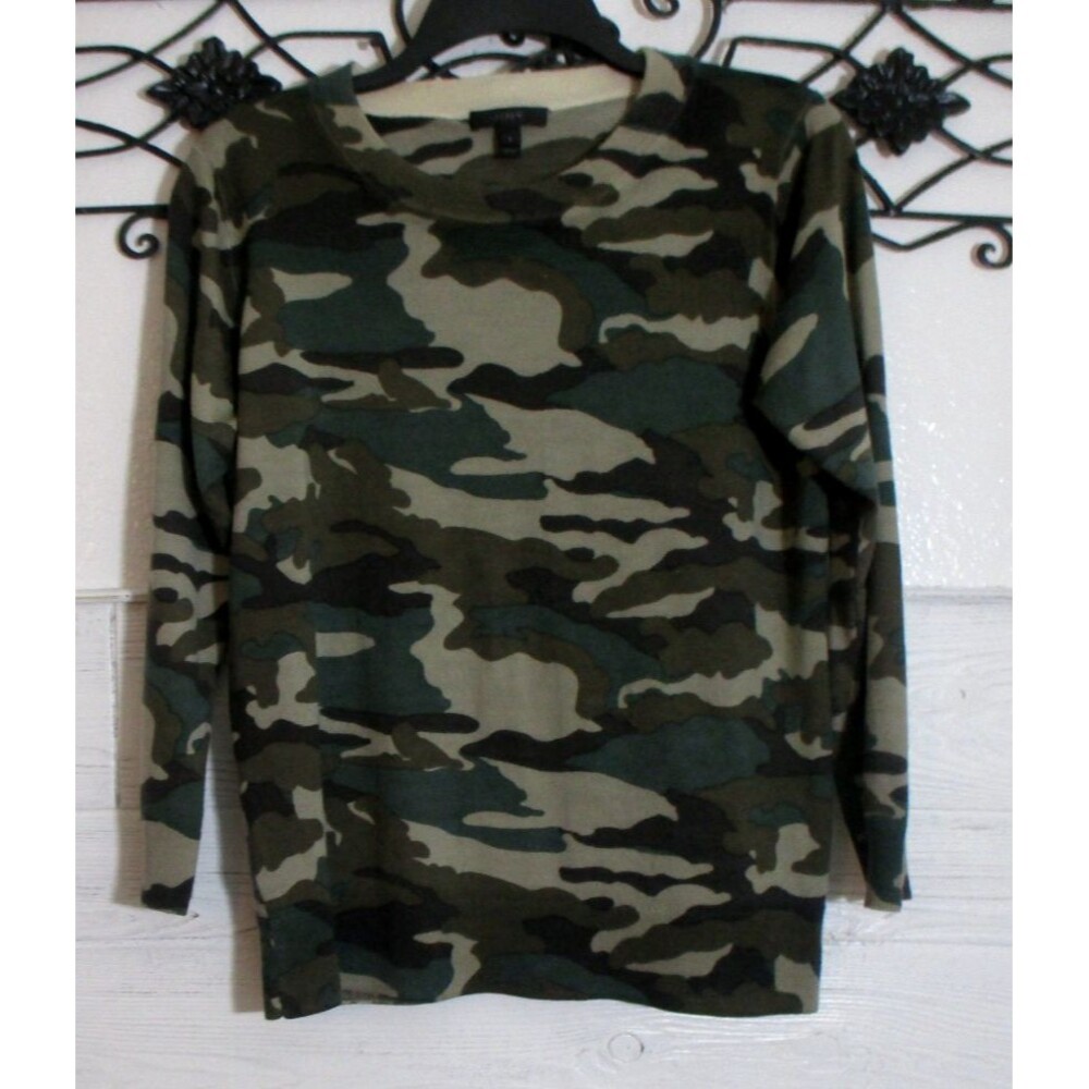 J. Crew Knit Top Women's Size L Long Sleeve Multicolor Camo Round Neck